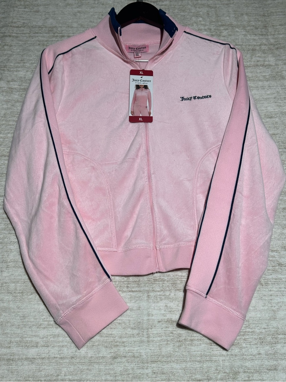 Juicy Couture Pink Velour Track Jacket with Navy Piping